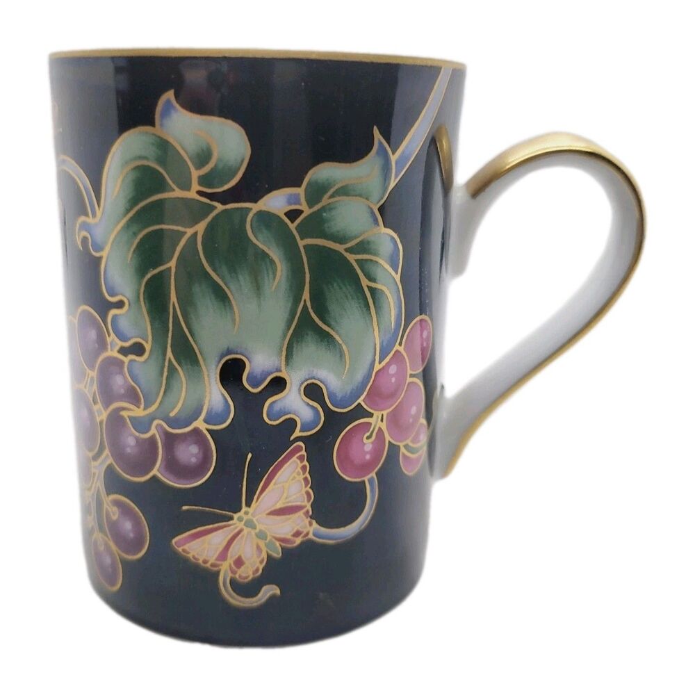 1981 Fitz Floyd Cloisonne Coffee Tea Mug Grapes Butterfly Japan 4 X 2.75 Black